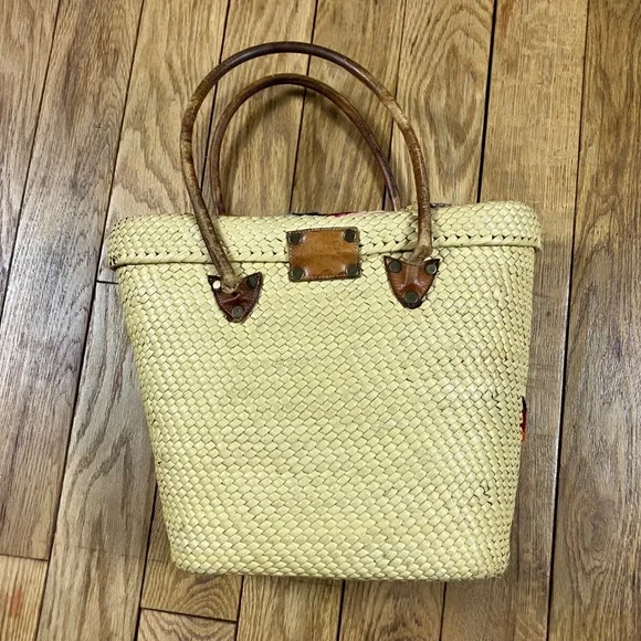 Vintage Straw Woven Tote Bag Floral Feather Embroidery‎ Top Handle Clutch - Picture 2 of 9